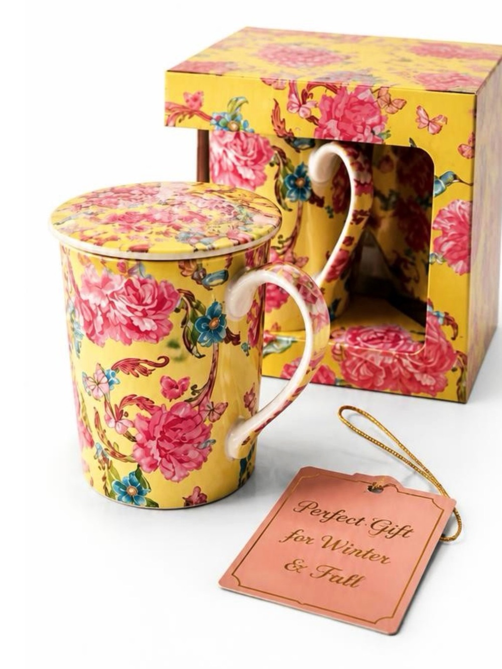 Floral Mug Set yellow and pink with cover Perfect Gift for Winter & Fall